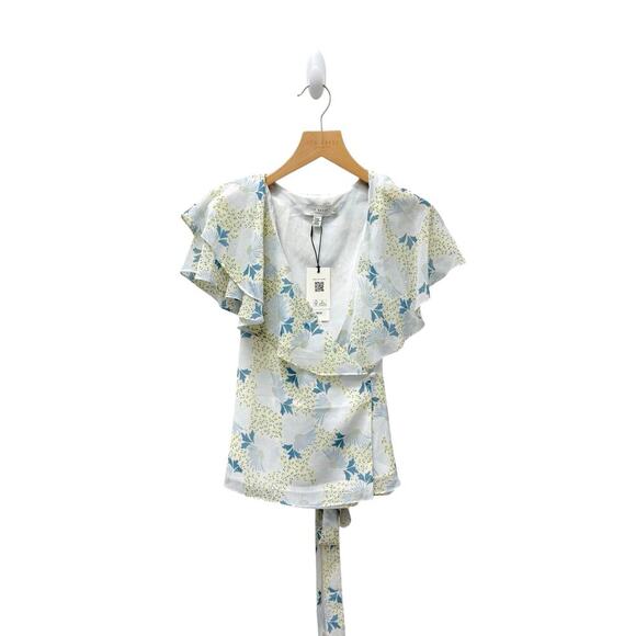 NWT TED BAKER Gemmiaa Floral Print Ruffle Wrap Blouse Blue Size 1 (4 US) - Picture 7 of 14
